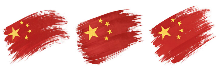 Set For Three china flags with brush strokes isolated on transparent background