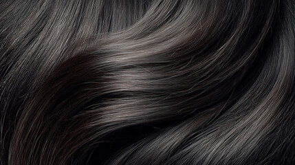 Naklejka premium Close-up of shiny black hair with soft, smooth texture, representing beauty, care, and healthy hair in high detail.