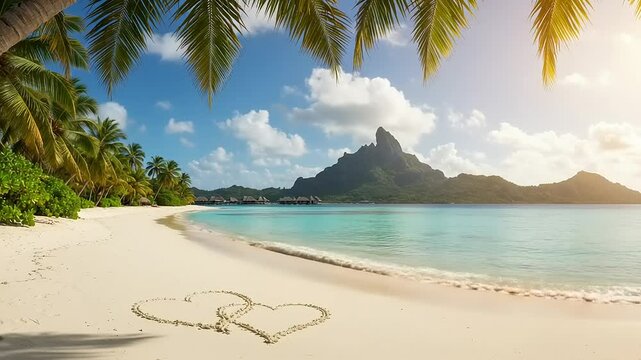 Tropical beach hearts sunset.