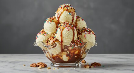 Indulge in this decadent vanilla ice cream sundae, drizzled with caramel and topped with colorful sprinkles and pecans.