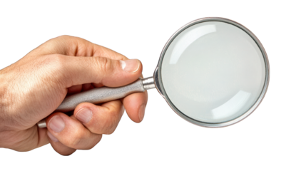 Hand holds magnifying glass. Black background. Simple