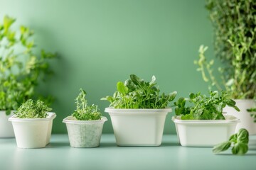 Organic lifestyle concept, biodegradable food containers with indoor greenery