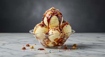 Indulge in this decadent vanilla ice cream sundae, drizzled with rich caramel and sprinkled with colorful candy.