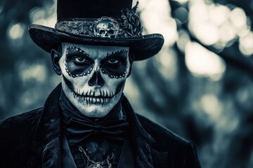 Day Of The Dead Man. Scary Skeleton Baron in Black Costume at Carnival Celebration