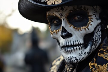 Day of the Dead Man. Scary Skeleton Man in Baron Silk Hat at Carnival Celebration