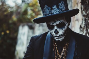 Day Of The Dead Man. Skeleton Baron in Black Silk Hat at Carnival Celebration