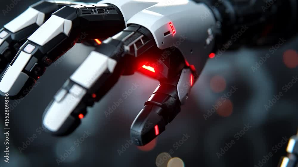Poster futuristic robotic hand with white and black components and red illuminated details
