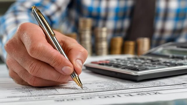 Financial Planning: Close-up of Hands Filling Tax Form, Calculator & Coins