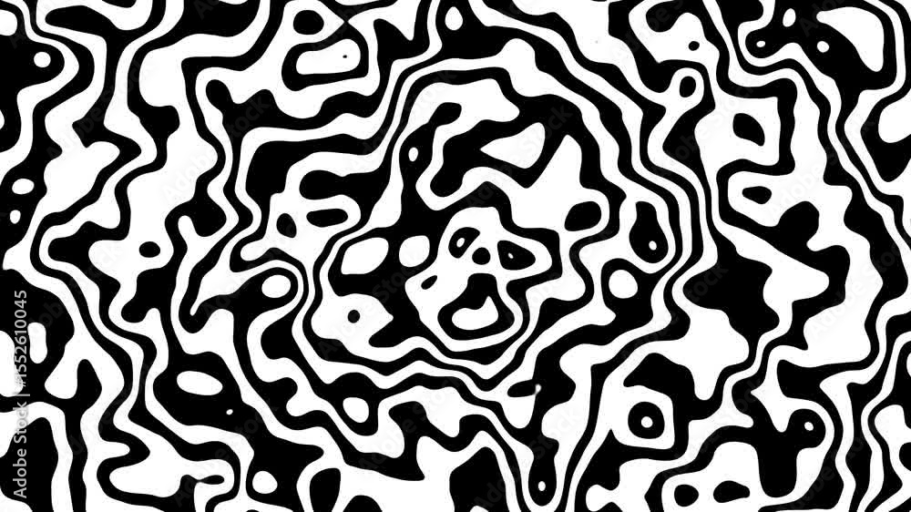 Poster black and white loopable turbulent swirling pattern with rotating organic shapes and forms