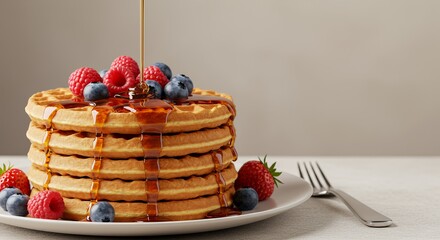 Delicious Golden Waffles Stack with Berries and Syrup