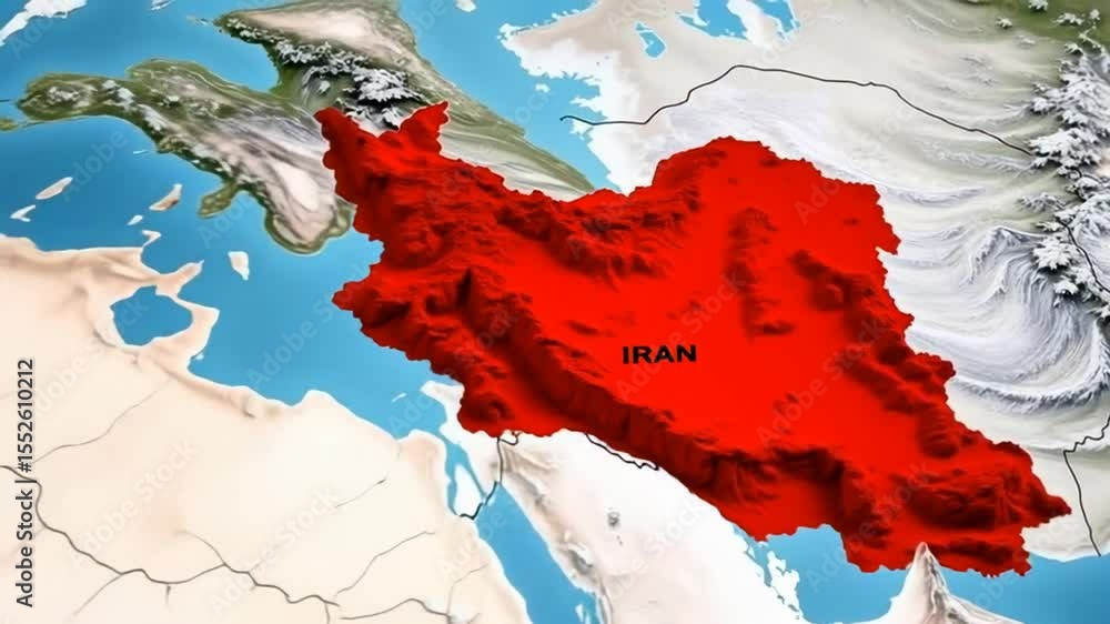 Poster the image depicts a shaded relief map of iran highlighted in red against its geographical context in