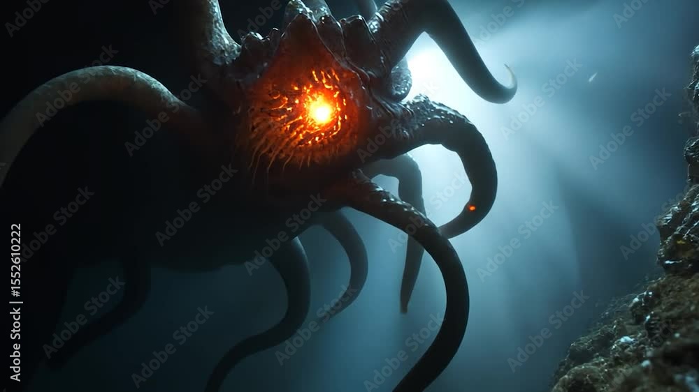 Poster abstract creature with glowing eye and tentacles emerges from darkness with light rays
