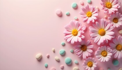 Obraz premium A flat lay of pink daisies and pastel colored candies on a pastel pink background