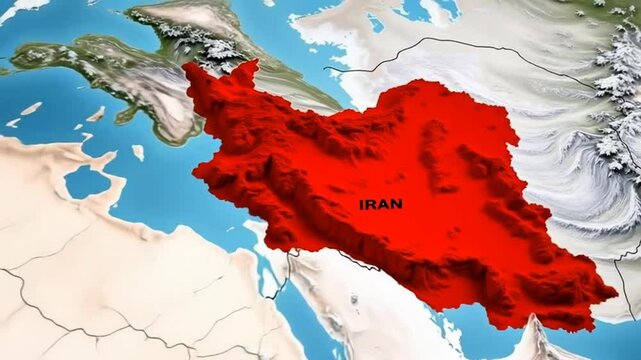 The image depicts a shaded relief map of Iran highlighted in red against its geographical context in the surrounding region.