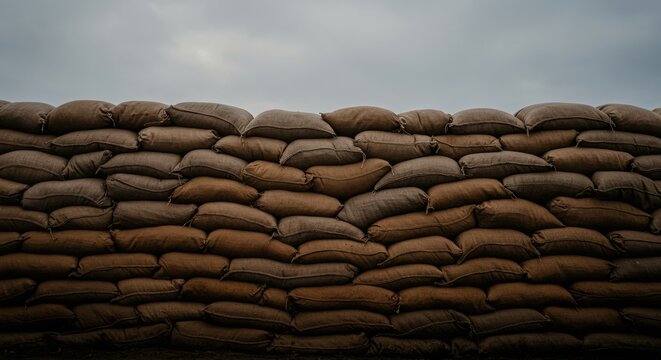 Foto dinding karung pasir yang minimalis dan emosional dari sudut rendah, ditata dengan visual yang bersih dan modern, tanpa teks, pencahayaan lembut, sudut kamera yang tidak biasa, untuk konten histo