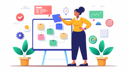 Woman Presenting a Flowchart Business Strategy on Whiteboard and Business Goal, Target Achievement Vector Illustration