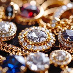 Naklejka premium Luxurious high-end jewelry with intricate craftsmanship, sparkling gemstones, and ultra-detailed textures, studio lighting, macro shot, photorealistic style