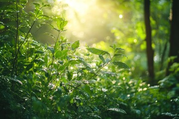 Fototapeta premium Nature morning walk through summer woods, dewy plants, bright sunlight filtering in