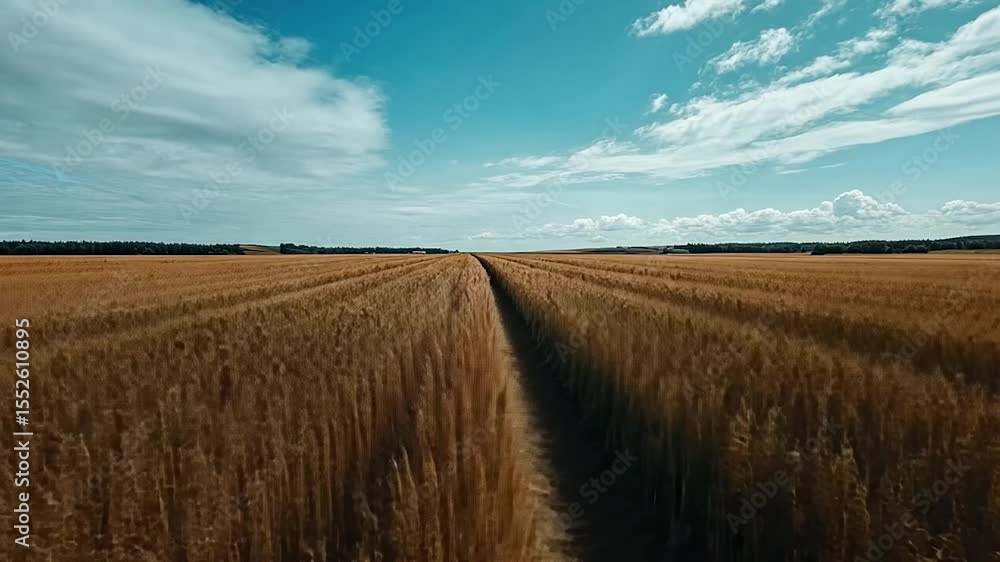 Poster expansive wheat field under blue sky with white clouds and a central path