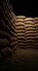 Foto dinding karung pasir yang minimalis dan emosional dari sudut rendah, ditata dengan visual yang bersih dan modern, tanpa teks, pencahayaan lembut, sudut kamera yang tidak biasa, untuk konten histo