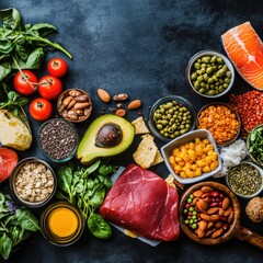Variety of Healthy Foods Flat Lay Colorful Ingredients on Dark Background
