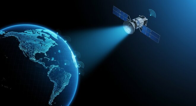 Satellites transmitting signals across the Earth with a digital globe network, black to deep space blue background gradient - Powered by Adobe