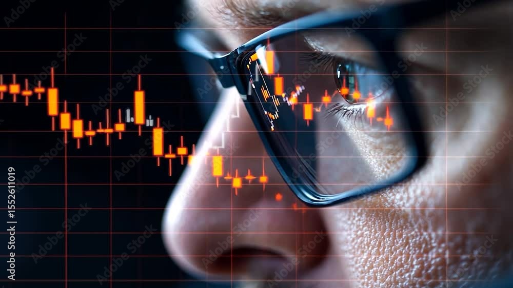 Poster close up of person wearing glasses displaying financial data on the lenses with red and white charts