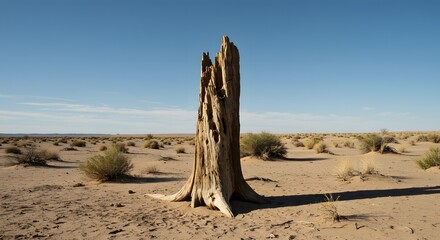Dead tree trunk stands in a dry arid landscape under a clear sky.