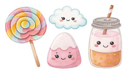 Charming watercolor dessert set features a lollipop, candy corn, drink and cloud with adorable kawaii style faces on a transparent background.
