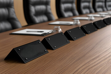 Conference Table with Place Cards and Leather Chairs in Meeting Room. Mock up promotion information for marketing announcements and details, blank white space