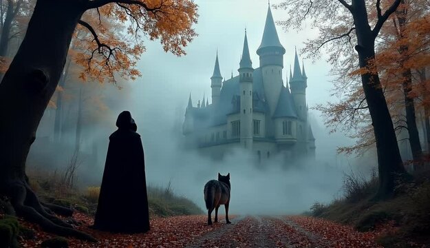 Mysterious Castle in Fog A Person and Wolf in Autumn Forest