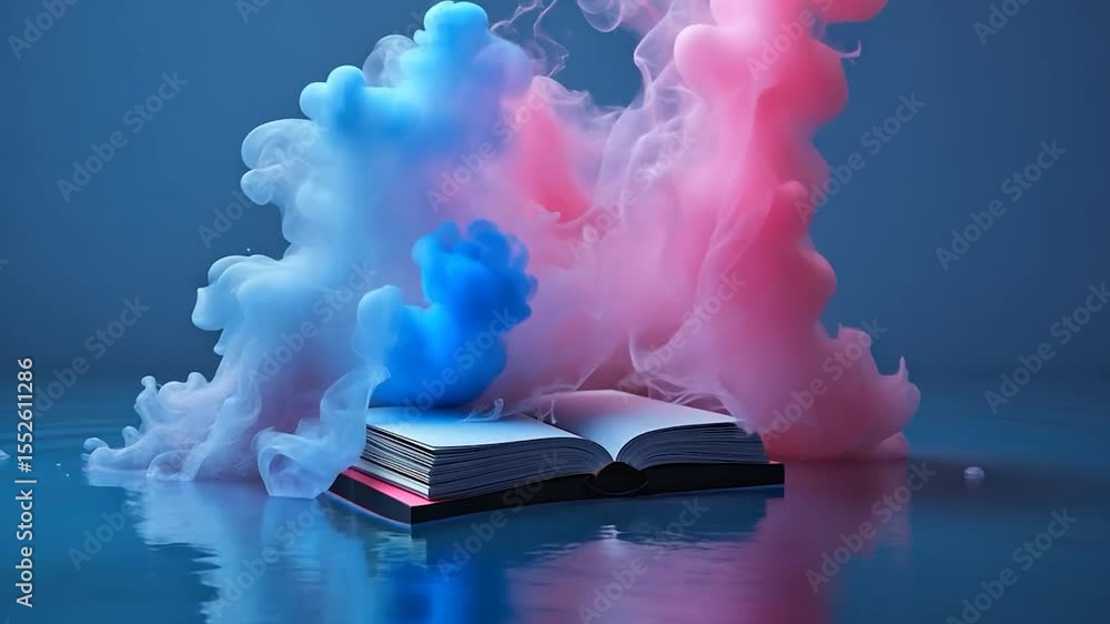 Poster Abstract Composition Of Colorful Smoke Surrounding Floating Book Object On Reflective Water Surface
