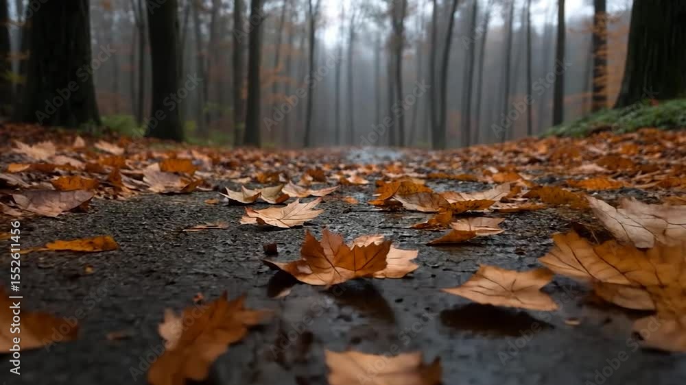 Poster autumn forest path with wet fallen leaves under misty conditions