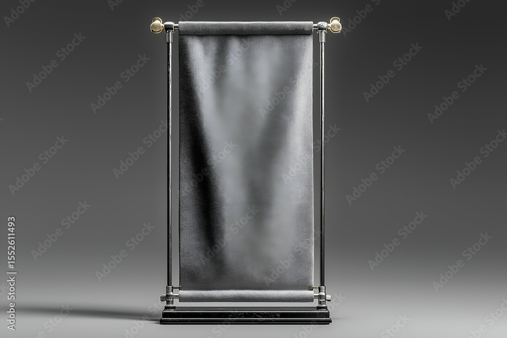Poster displaying gray fabric banner on stand with chrome frame in studio. mock up promotion information fo