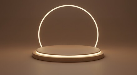 Minimalist podium with circular neon light against a brown background.