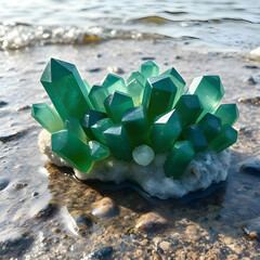 Prasiolite Coastline: Emerald Amethyst Clusters on the Seashore