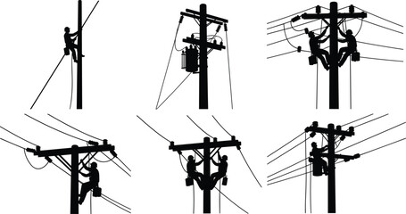 Silhouette of linemen working on electric poles with power lines and transformers, utility workers climbing and repairing electrical infrastructure, black and white vector illustration
