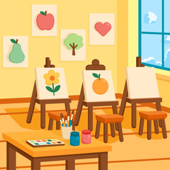 Illustration of Art Classroom with Easels and Paintings