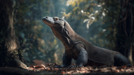 Fototapeta premium A wild Komodo dragon walking through the dense forest, showcasing its natural habitat and powerful presence in the wilderness.