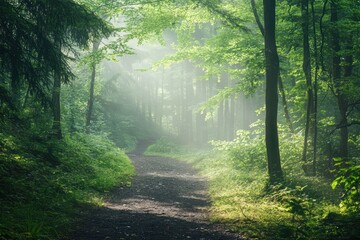 Fototapeta premium Misty forest path with morning light shining through, peaceful and calm nature scene