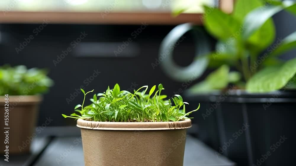 Poster potted green sprouts on table with dark background demonstrating fresh growth