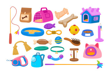 Set of various pet assortment cartoon collection, animals accessories store supply items for domestic pets: cats, dogs, rodent. Pet shop or store concept, domestic animal. Vector illustration
