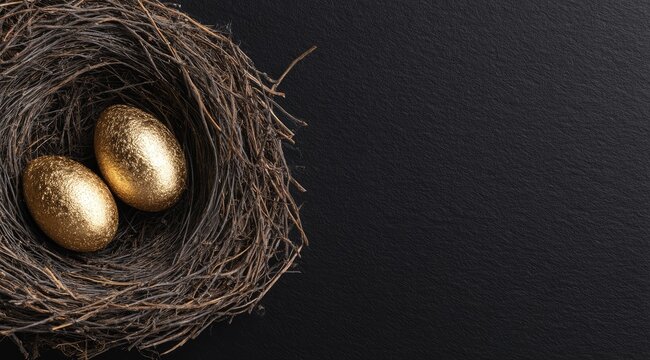 Two gilded eggs nestled in a rustic bird's nest against a dark background, leaving ample negative space