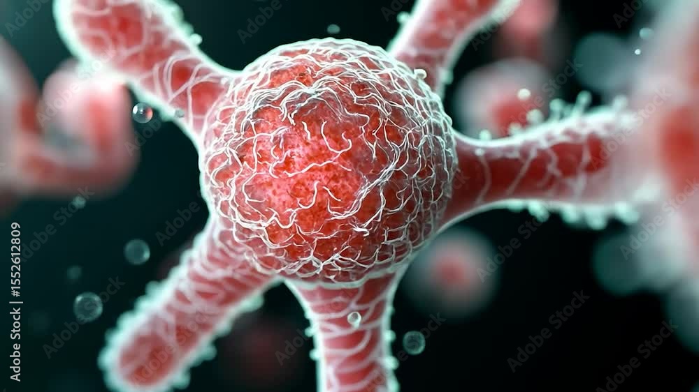 Poster detailed microscopic cell structure with red and white hues on dark background