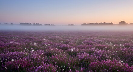 Foggy field with purple flowers and trees in the background at dawn.