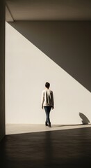 Fototapeta premium Minimalist and modern photo of a person walking in soft light with an unusual yet beautiful camera angle