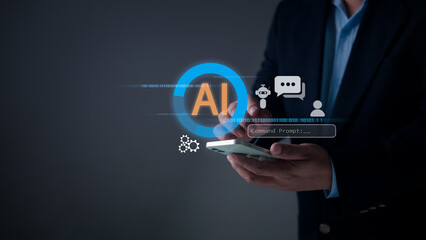 Artificial intelligence, machine learning, and future digital communication. A person interacts with a smartphone screen showing AI technology icons like a robot, chat bubble, and command prompt.