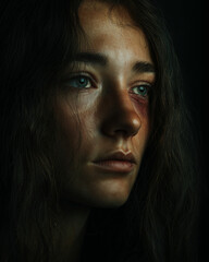 Fototapeta premium Portrait of a woman with visible bruises on her face, expressing pain and vulnerability, symbolizing abuse and emotional trauma.