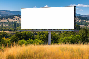 Fototapeta premium Blank Billboard in Field with Blue Sky and Rolling Hills View. Mock up promotion information for marketing announcements and details, blank white space