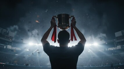 Triumphant Winner Celebrates Championship Victory in Stadium Raising Trophy High